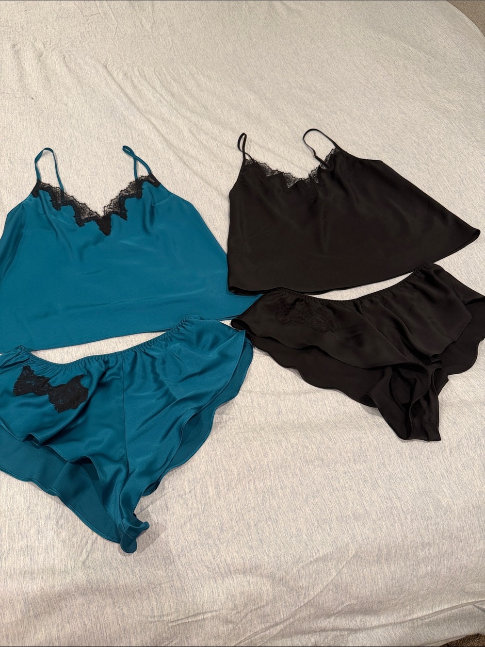 Victoria's Secret set of 2 Teal and Black Satin Lace Cami & Short Sets